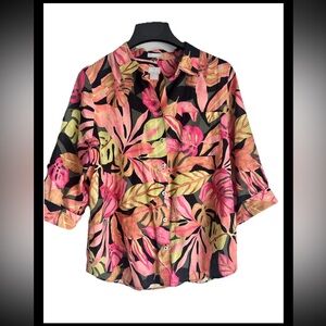 CHICOS Women’s 100% Linen Tropical Print Short SL Blouse Sz 12